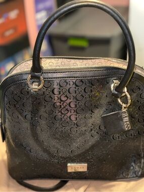 GUESS Black Embossed Signature Dome Satchel with Gold Hardware